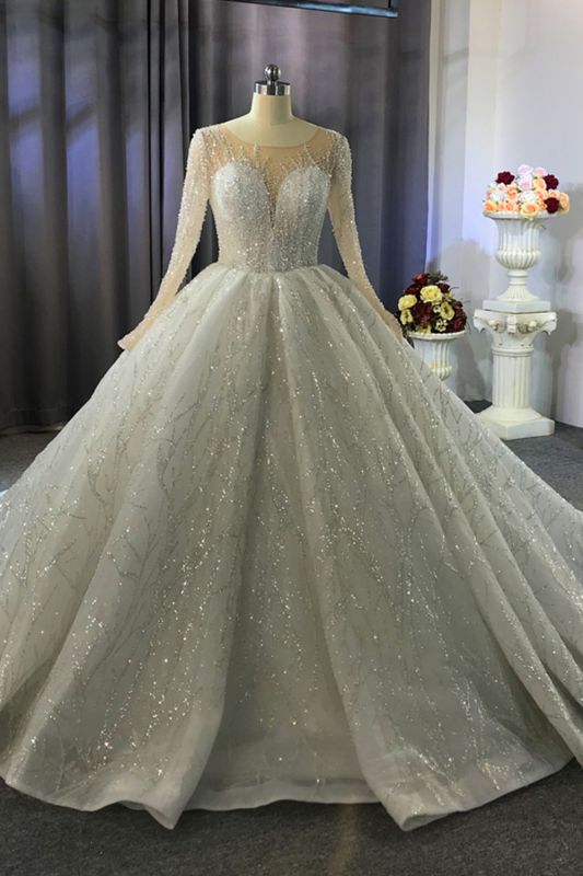 Luxuriöses Hochzeitskleid mit Glitzerperlen und langen Ärmeln, Pailletten, Aline-Brautkleid aus Satin
