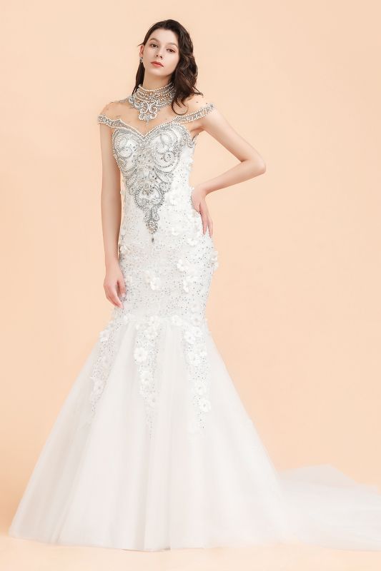 Amazing Off-the-Shoulder Beadings Mermaid Bridal Gown Flower Wedding Dress