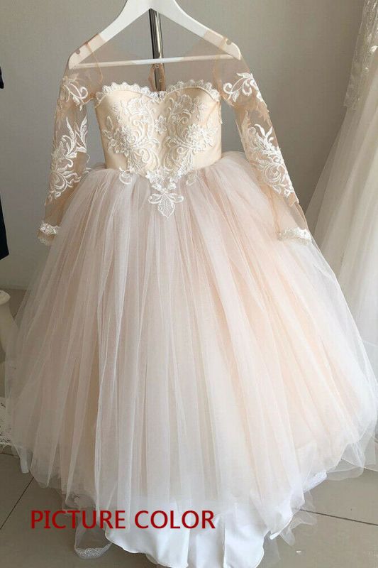 Princess Flower Girls Dress Tulle Long-Sleeve Lace Gown Romantic