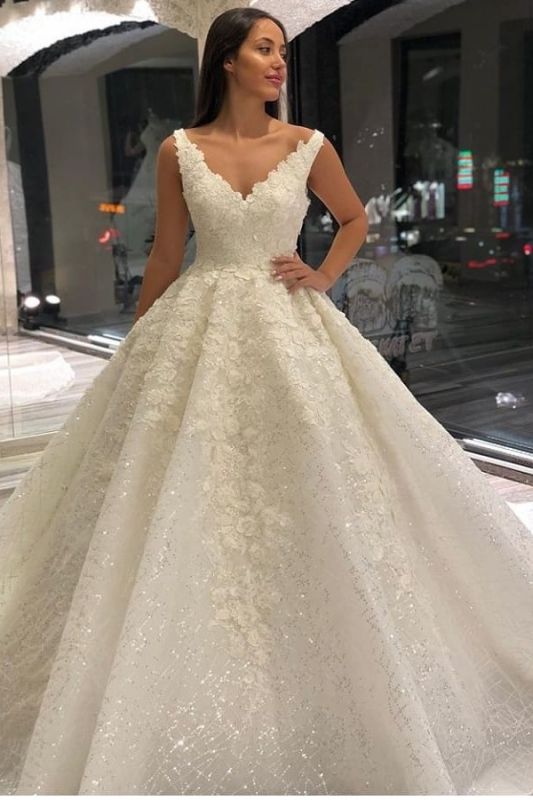 Luxus Spitze Appliques Träger A-Linie Ballkleid Brautkleid