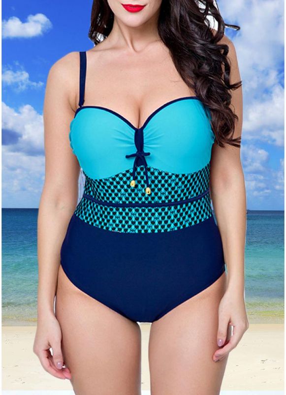 Women Swimsuit One Piece Swimwear Color Splice Ruched Underwire Swimsuit Beach Wear