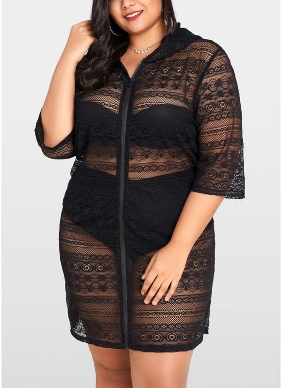 Women Plus Size See-through Cover Ups Floral Lace Hooded Half Sleeves Long Casual Tops Beachwear