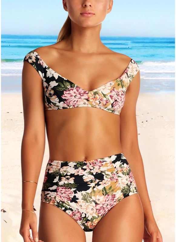 Frauen Floral Bikini Set V-Ausschnitt Sleeveless Polsterung Druck Bade Beach Swimwear Badeanzug