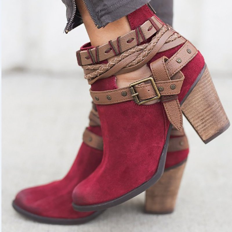 Velvet Adjustable Buckle Daily Pointed Toe Chunky Boots