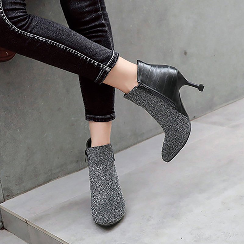 Zipper Date Cone Heel Pointed Toe Sequin   Boots