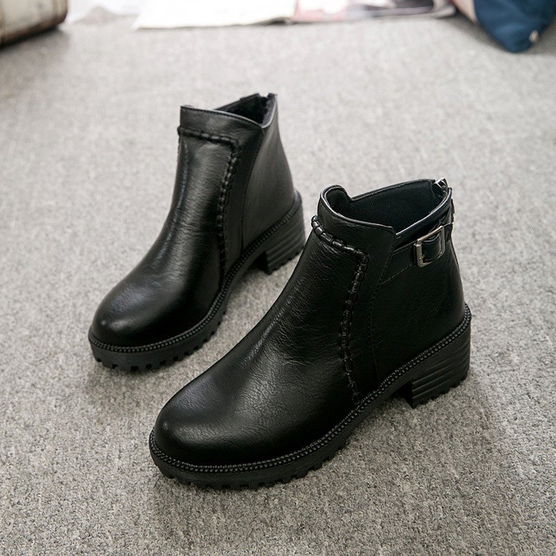 Daily Chunky Heel Zipper Round Toe Buckle Boots