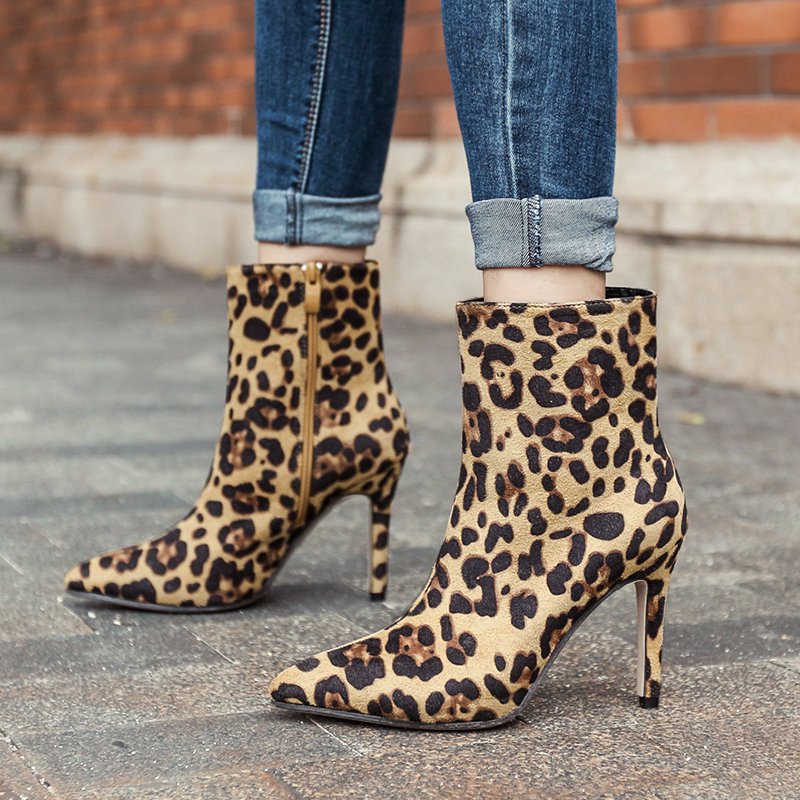 Leopard Date Reißverschluss Wildleder Spitz Stiefel