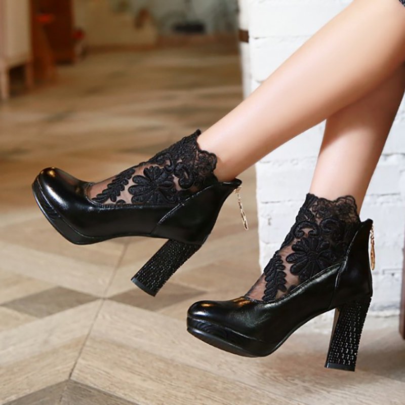 Mesh Fabric Zipper Round Toe Embroidery Boots