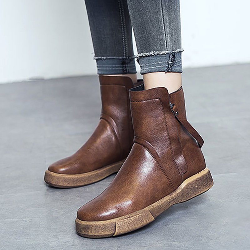 Zipper Daily Round Toe Flat Heel Boots