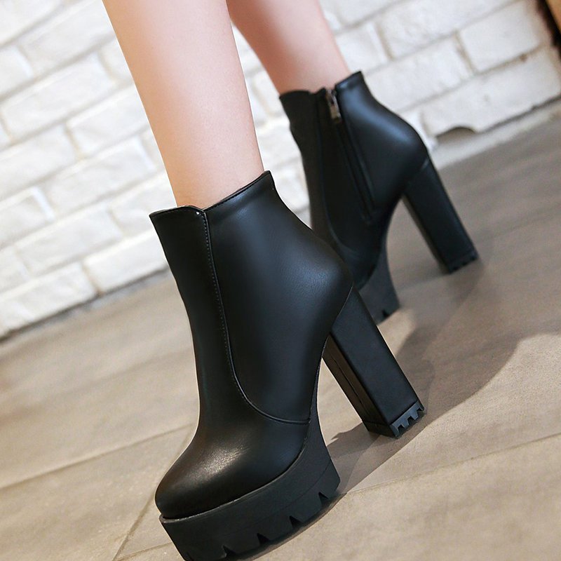 Chunky Heel Daily Zipper Round Toe Boots