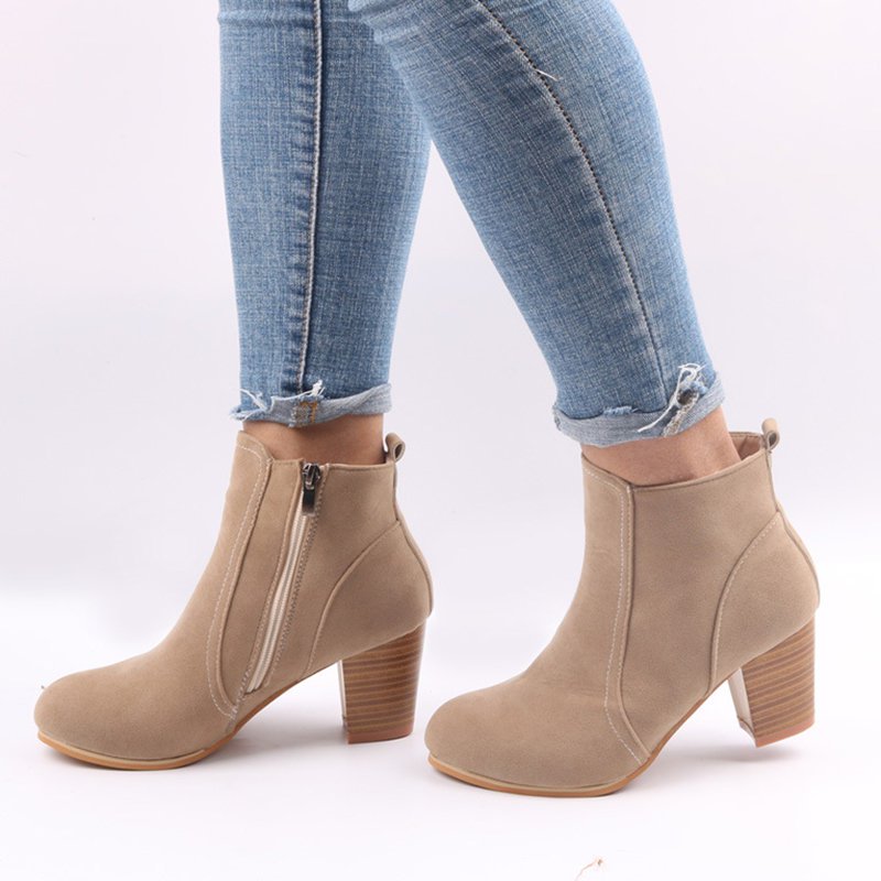 Suede Chunky Heel Zipper Daily Round Toe Boot