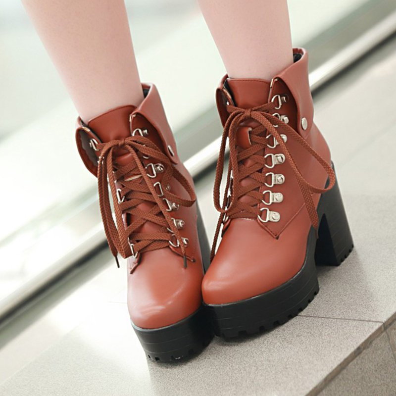 Chunky Heel Lace-up PU Daily Round Toe Boot