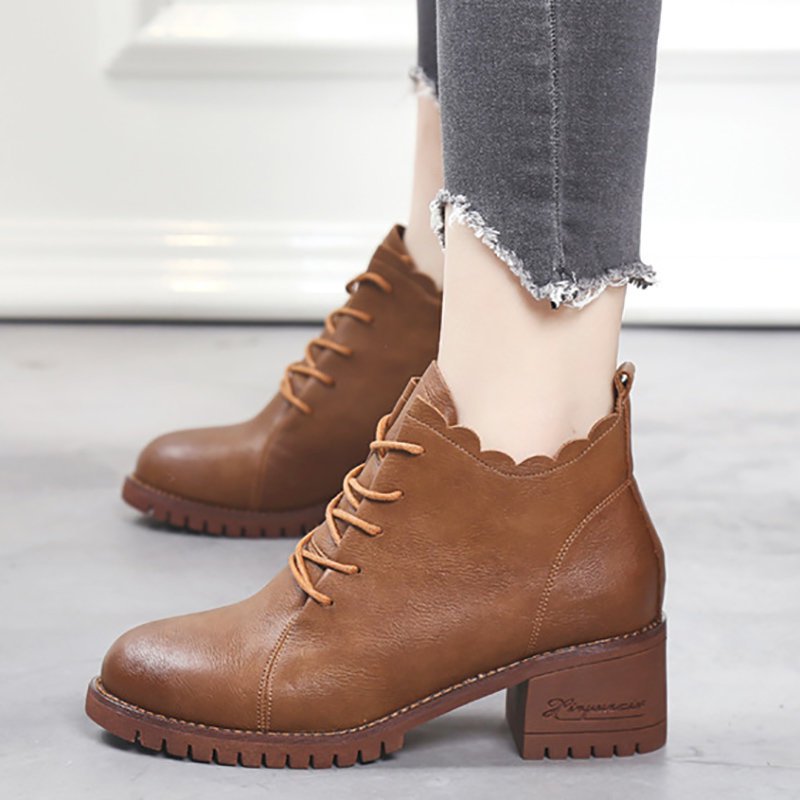 Chunky Heel Zipper Round Toe Lace-up Boots