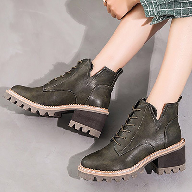 Daily Lace-up Chunky Heel Round Toe Boots