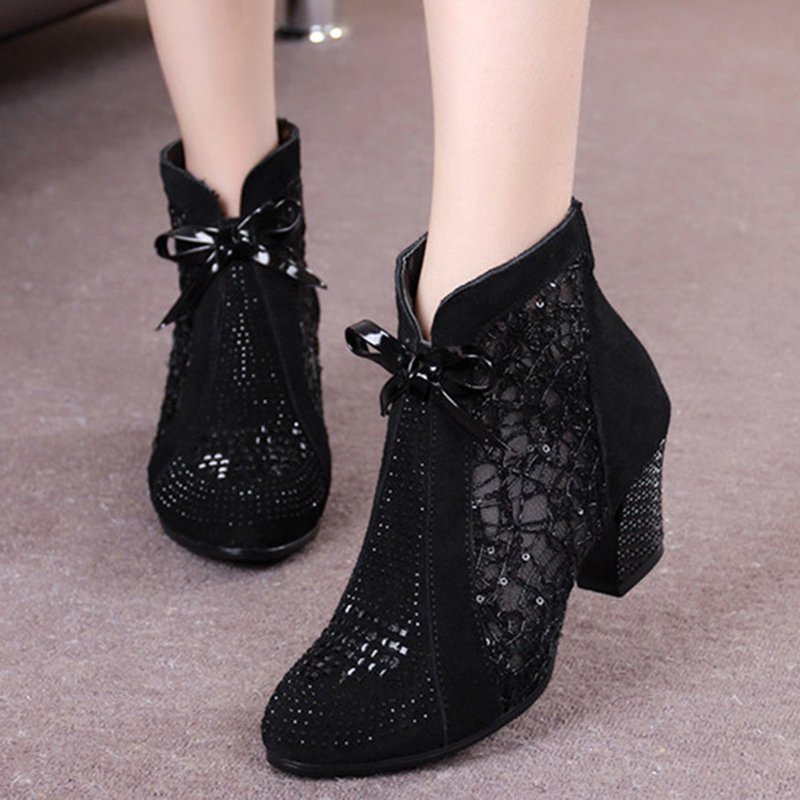 Black Winter Beading Chunky Heel Casual Lace Boot