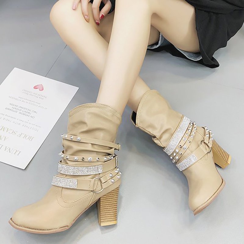 Rivet Chunky Heel Daily Pointed Toe Buckle Boots