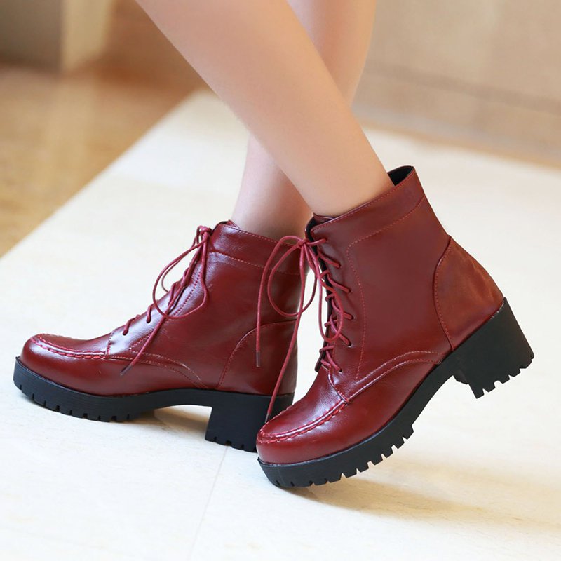 Daily Lace-up Fall PU Round Toe Boot