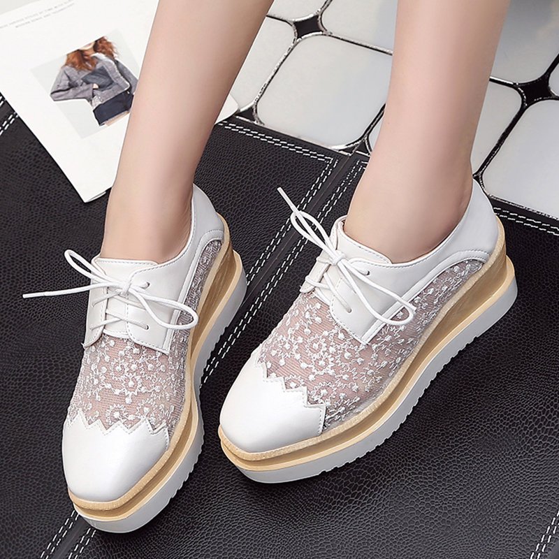 Mesh Lace-up Daily PU Pointed Toe Wedge Loafers | Newarrivaldress.com