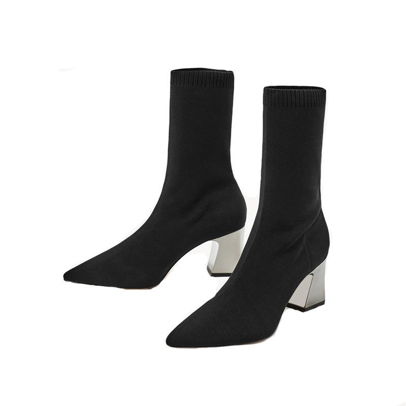 Black Chunky Heel Daily Pointed Toe Boots