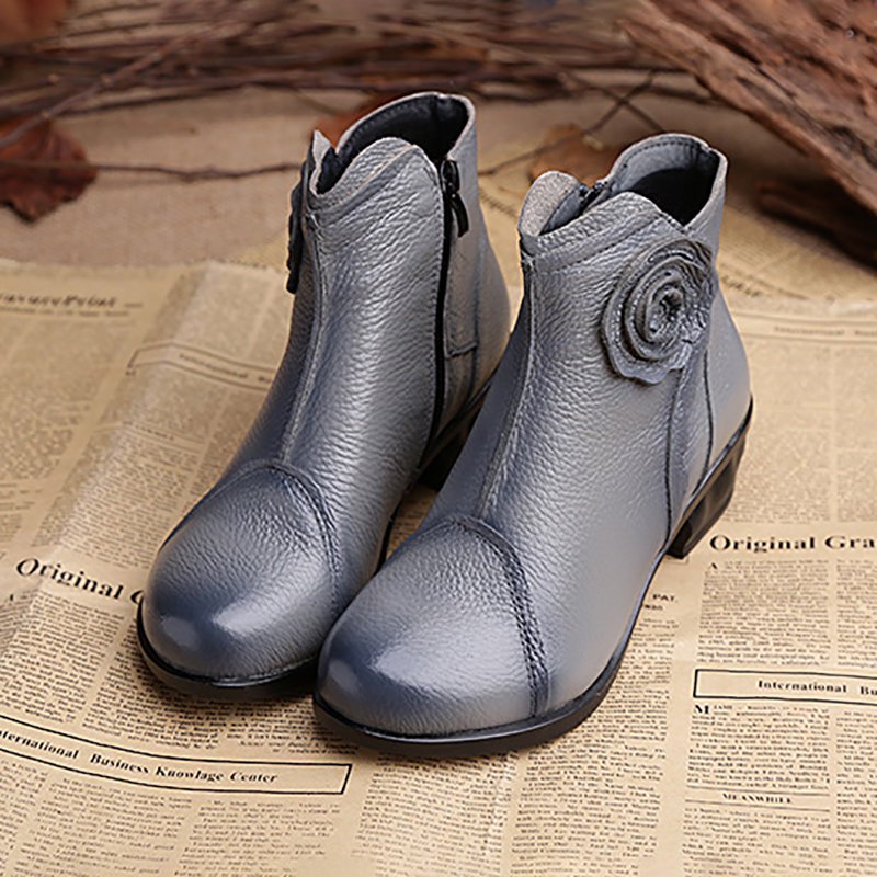 Daily Flower Round Toe Zipper Chunky Heel Boots