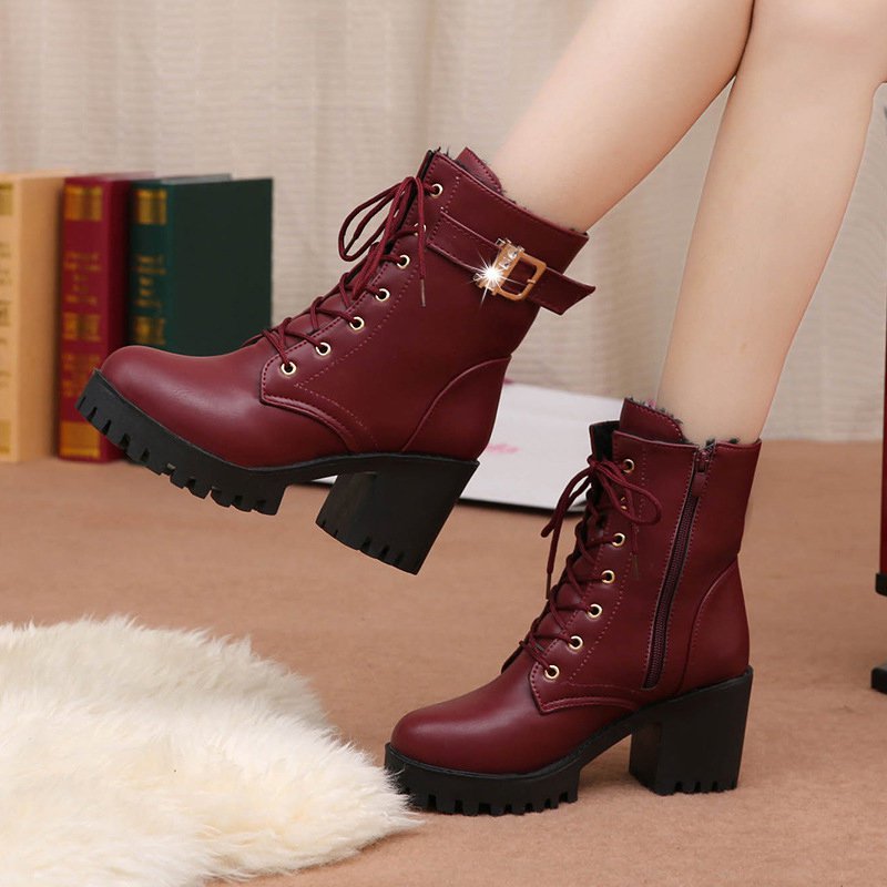 Lace-up Chunky Heel Round Toe Buckle Elegant Boots