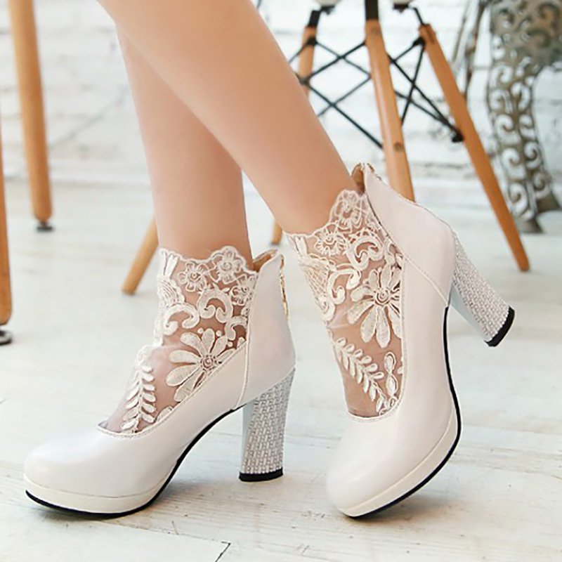 Mesh Fabric Zipper Round Toe Embroidery Boots
