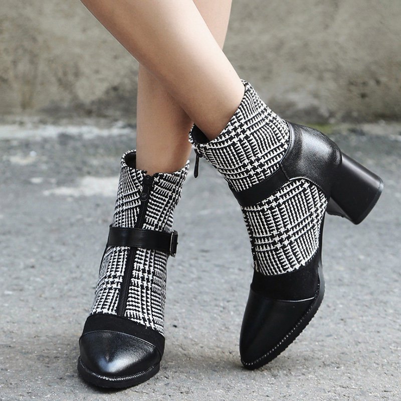 Daily Zipper Pointed Toe Buckle Chunky Heel Boots