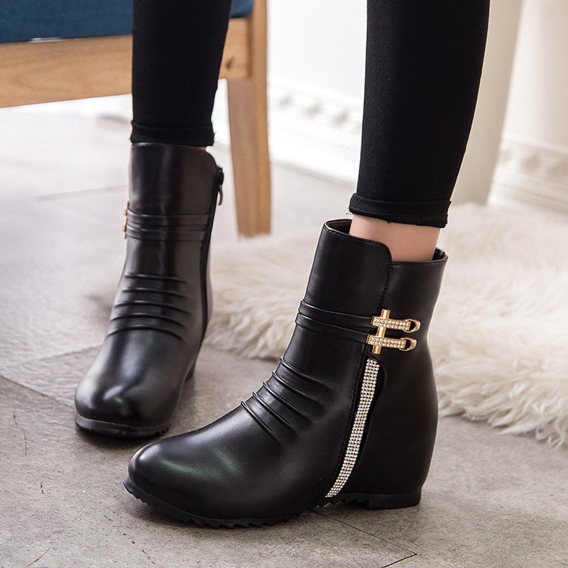 Daily Zipper PU Wedge Heel Round Toe Elegant Boots