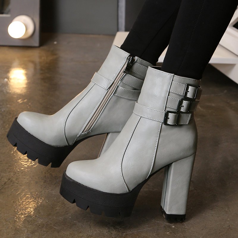 Daily Chunky Heel Zipper Round Toe Buckle Boots | Newarrivaldress.com