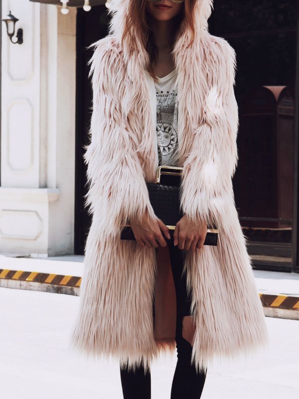 Hoodie Long Sleeve Fluffy Fur and Shearling Coat