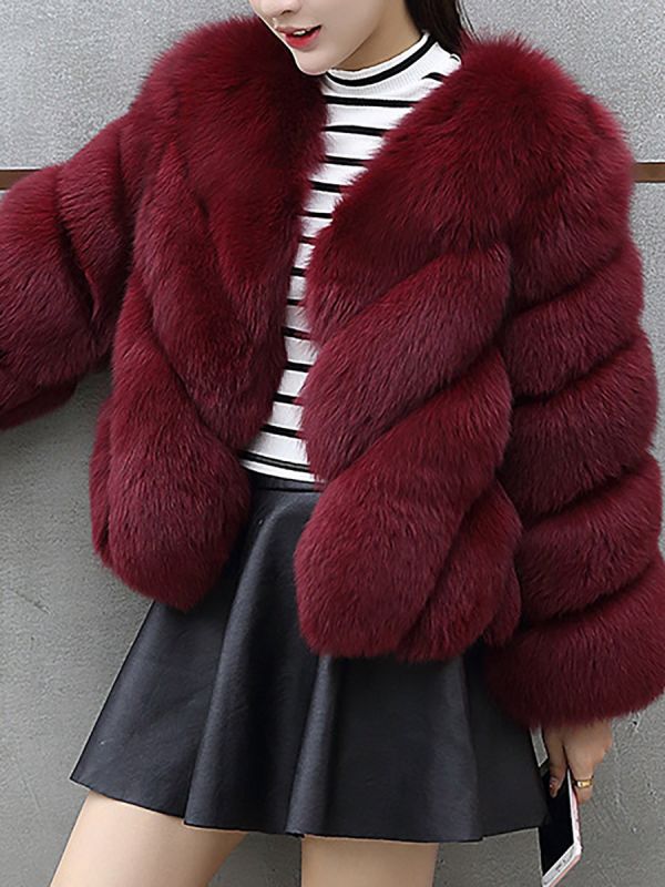 Casual Long Sleeve Shift Crew Neck Fur and Shearling Coat