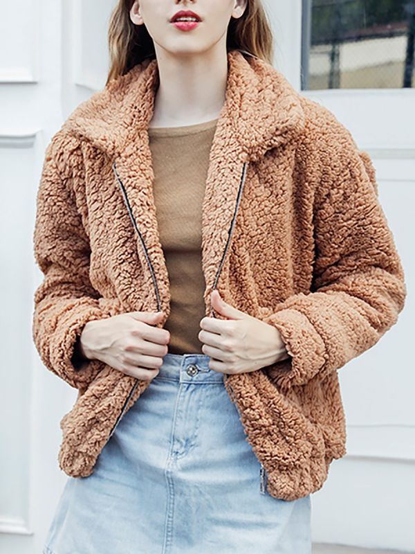 Casual Solid Shift Long Sleeve Fur and Shearling Coat