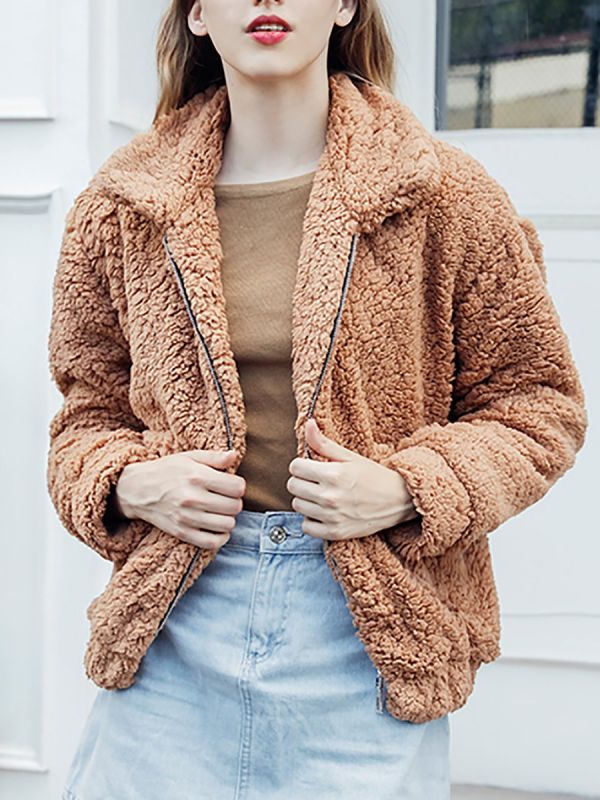 Abrigo casual de piel de manga larga y shearling de cambio sólido