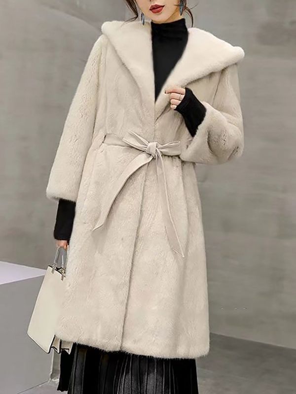 Solid Shift Long Sleeve Bow Casual Fur and Shearling Coat