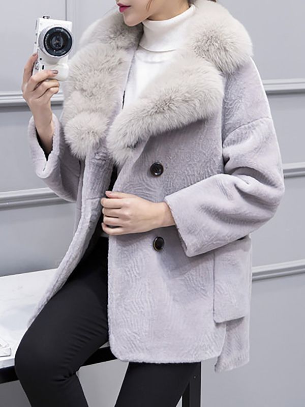 Fluffy Paneled Buttoned Pockets Fur and Shearling Coat