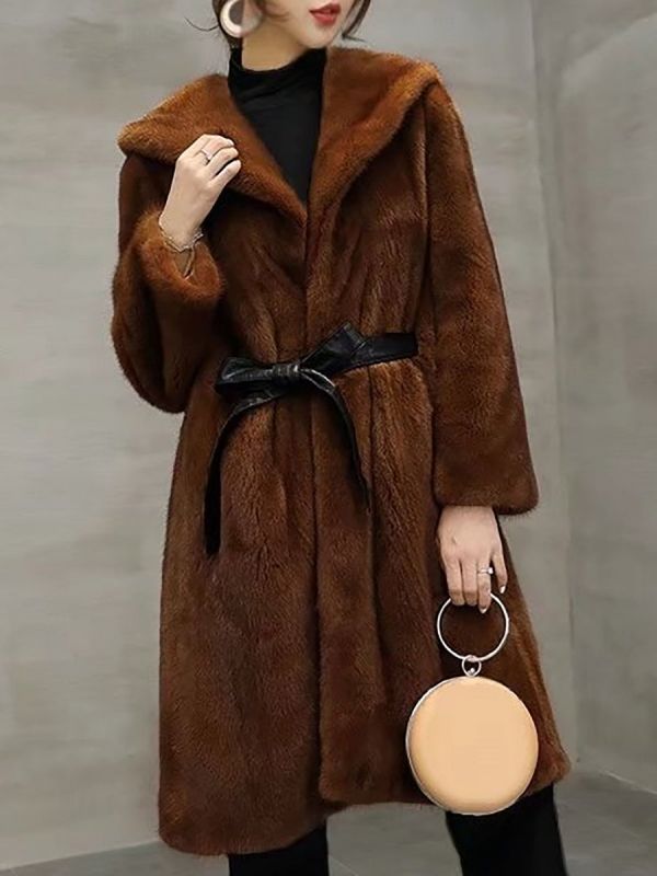 Solid Shift Long Sleeve Bow Casual Fur and Shearling Coat