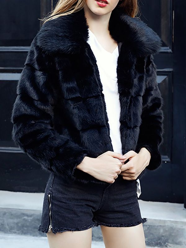 Black Long Sleeve Shift Shawl Collar Casual Color-block Fur and Shearling Coat