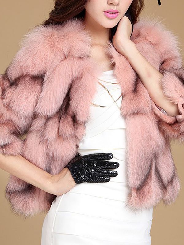3/4 Sleeve Paneled Fluffy  Fur and Shearling Coat