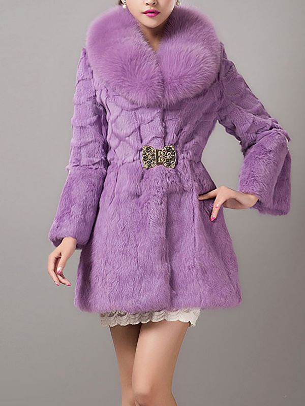 Casual Shawl Collar Beaded Shift Long Sleeve Fur and Shearling Coat