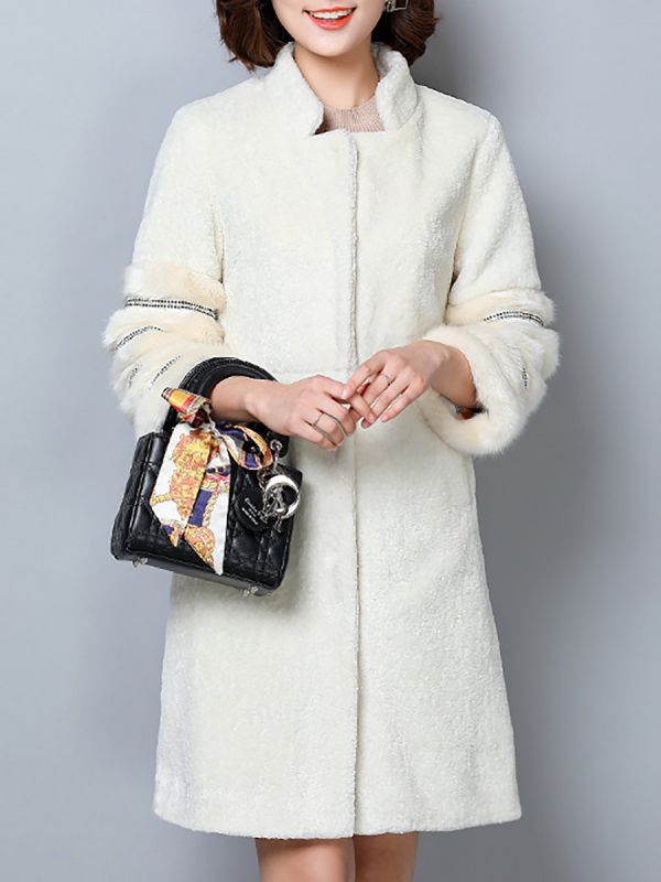 Long Sleeve Pockets Casual Solid Fur and Shearling Coat