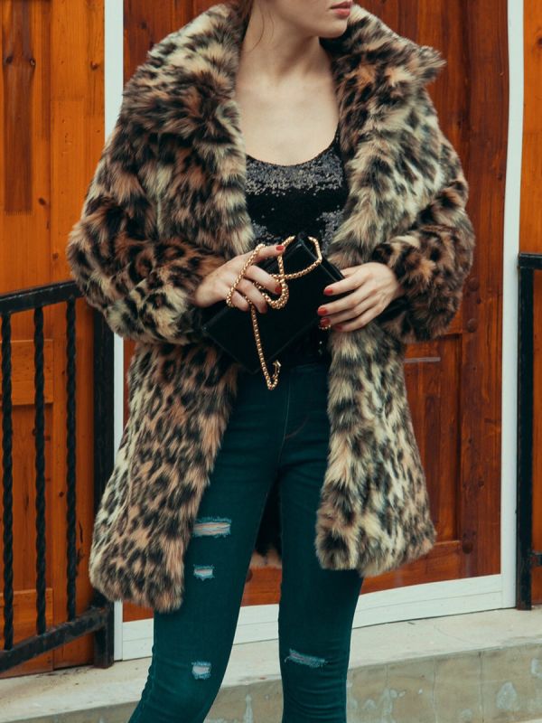 Brown Leopard Print  Fluffy  Fur and Shearling Coat