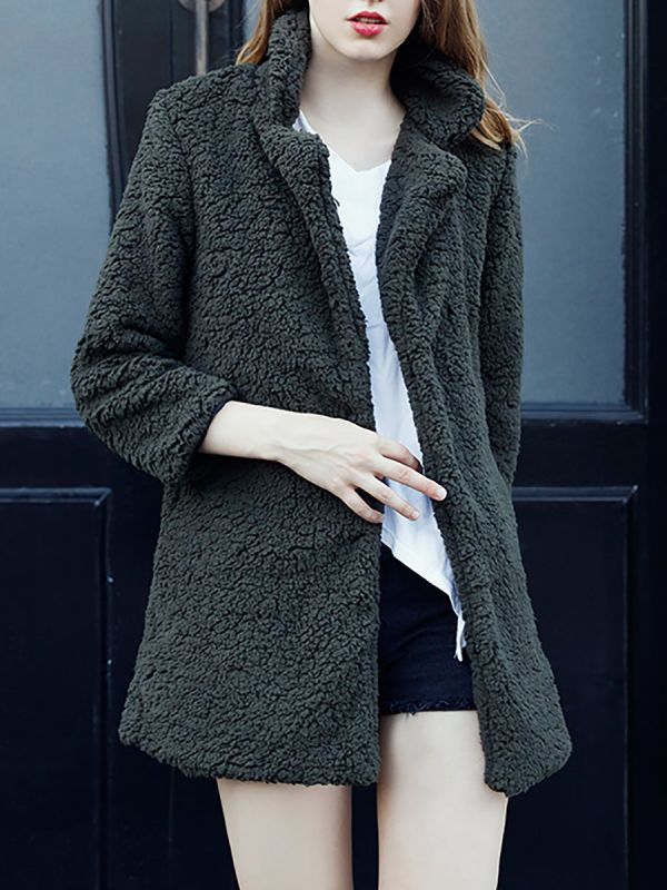 Green Solid Shift Faux Fur Casual Long Sleeve Fur and Shearling Coat