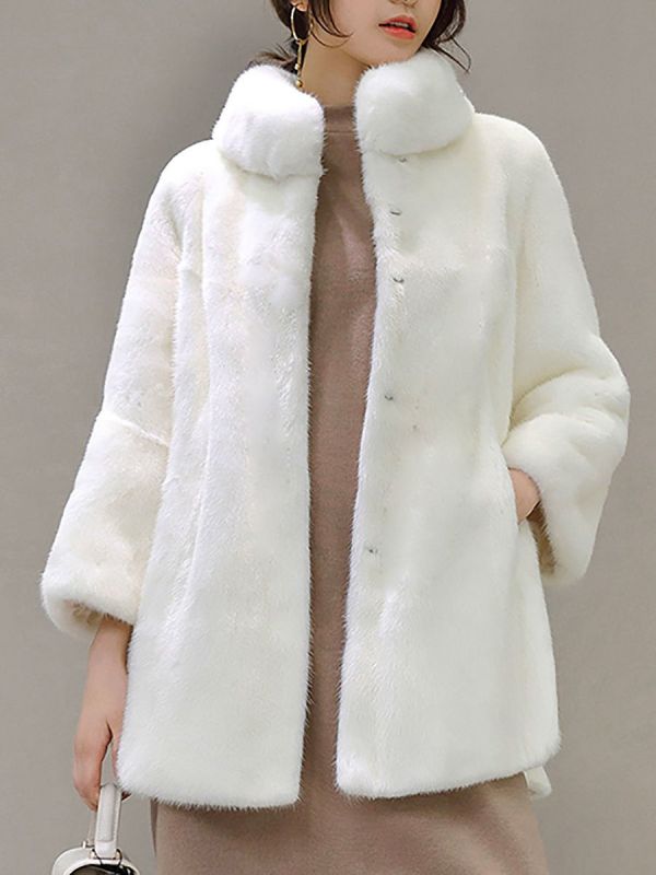 Stand Collar Shift Casual Long Sleeve Solid Fur and Shearling Coat