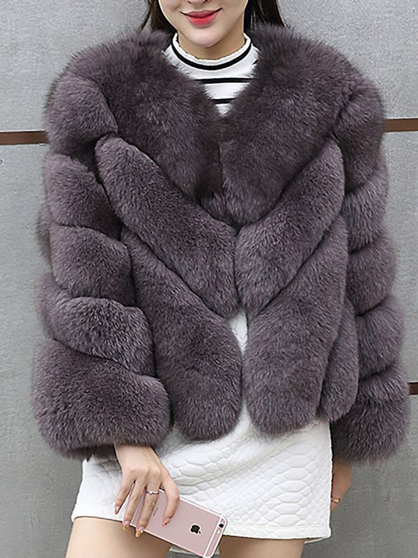 Casual Long Sleeve Shift Crew Neck Fur and Shearling Coat