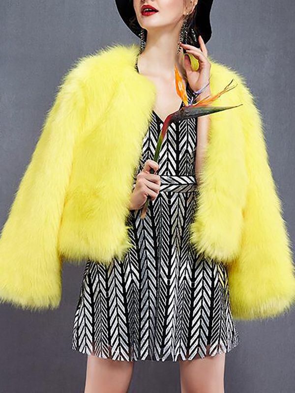 Yellow Fluffy Fur and Shearling Coat