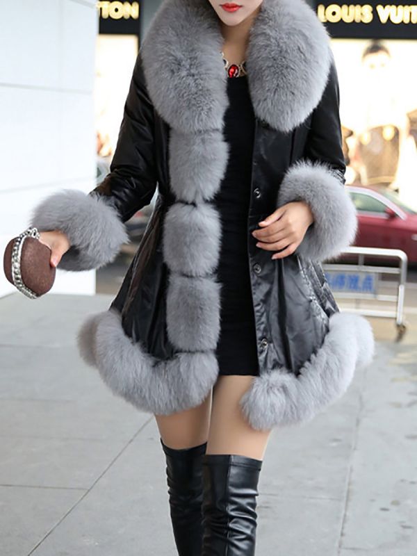Fluffy Pockets Paneled A-line Fur and Shearling Coat