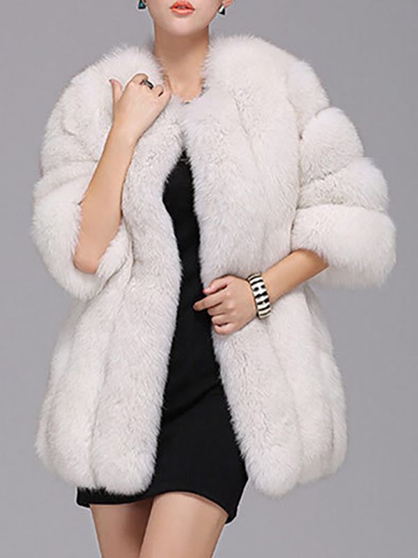 Long Sleeve Casual Solid Paneled Fur and Shearling Coat