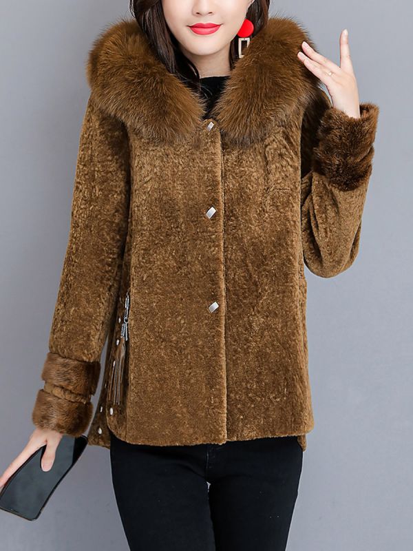 Pockets Buttoned Paneled Fur and Shearling Coat