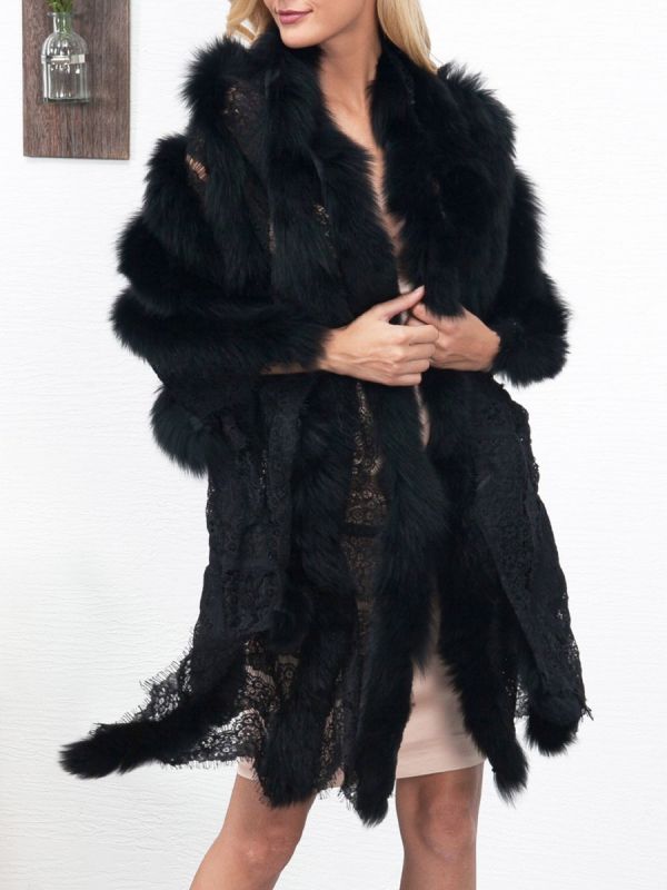 Guipure lace Paneled Fluffy Fur and Shearling Coat