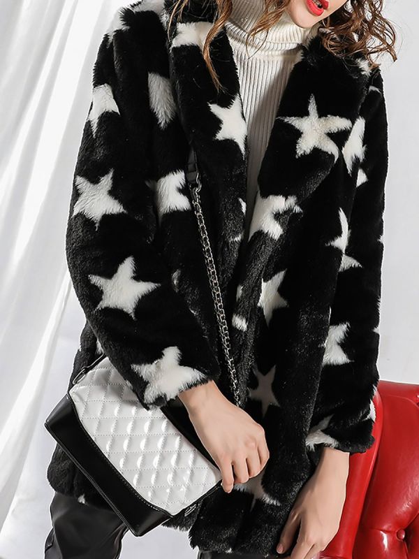 Black Buttoned Casual Graphic Shift Fur and Shearling Coat